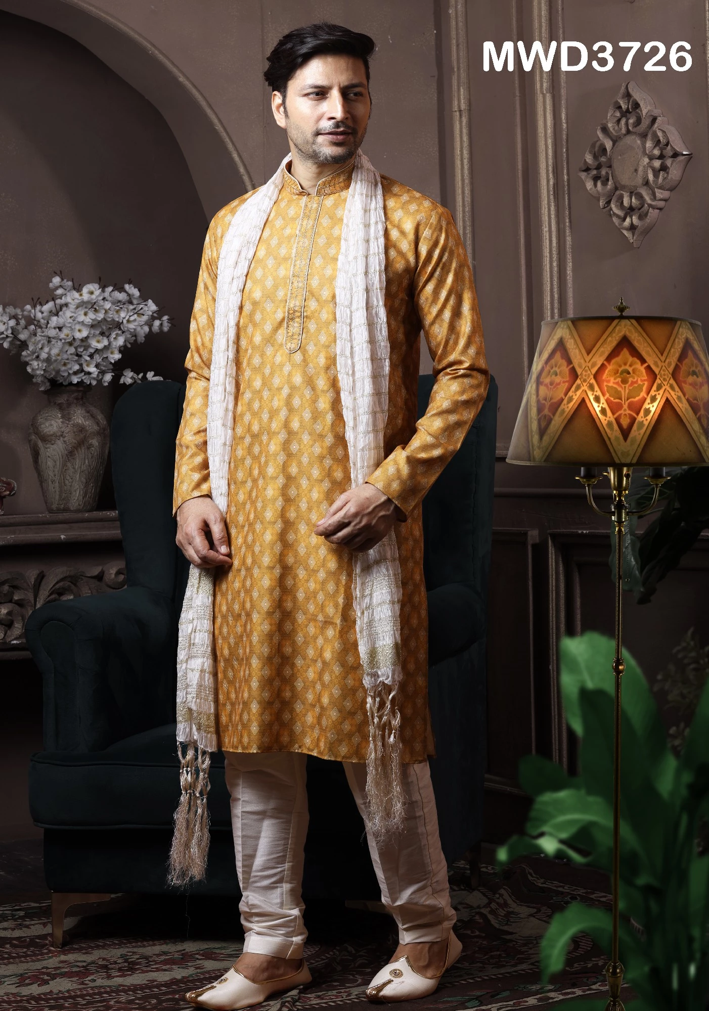 Yellow Readymade Mens Printed Kurta Pajama, 36-1.webp